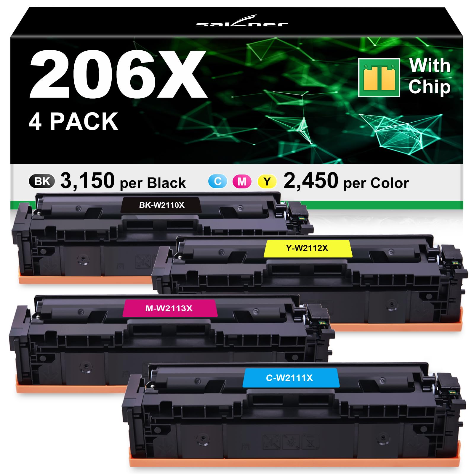 Photo 1 of SAILNER 206X 206A Toner Cartridges 4 Pack High Yield Replacement for HP 206X 206A Toner Cartridge Set for Color Laserjet Pro M283fdw M283cdw M282nw M283fdn M255dw M255nw Printer