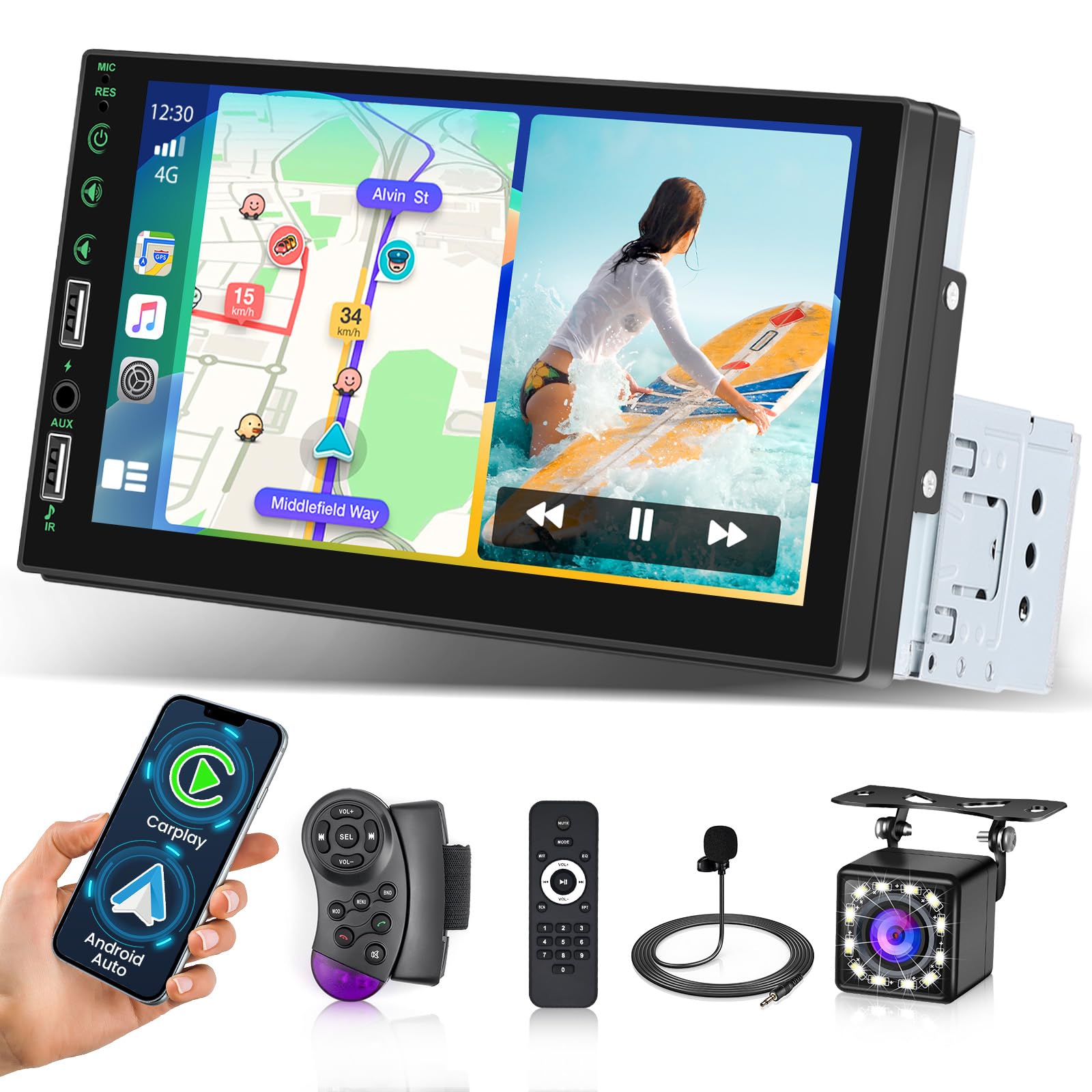 Photo 1 of [Upgrade] 7 Inch HD Single Din Touch Screen Car Radio- Wireless Carplay and Android Auto, 1 Din Car Stereo with Bluetooth 5.1, Mirror Link, FM Radio, SWC, 7 Backlights+ Backup Camera Mic