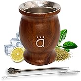 Kalmateh Traditional Yerba Mate Gourd 8.6 OZ, Modern Double Wall Stainless Steel Mate Cup with Bombilla, Filter Straw & Cleaning Brush, Design for Authentic Mate Experience - wood