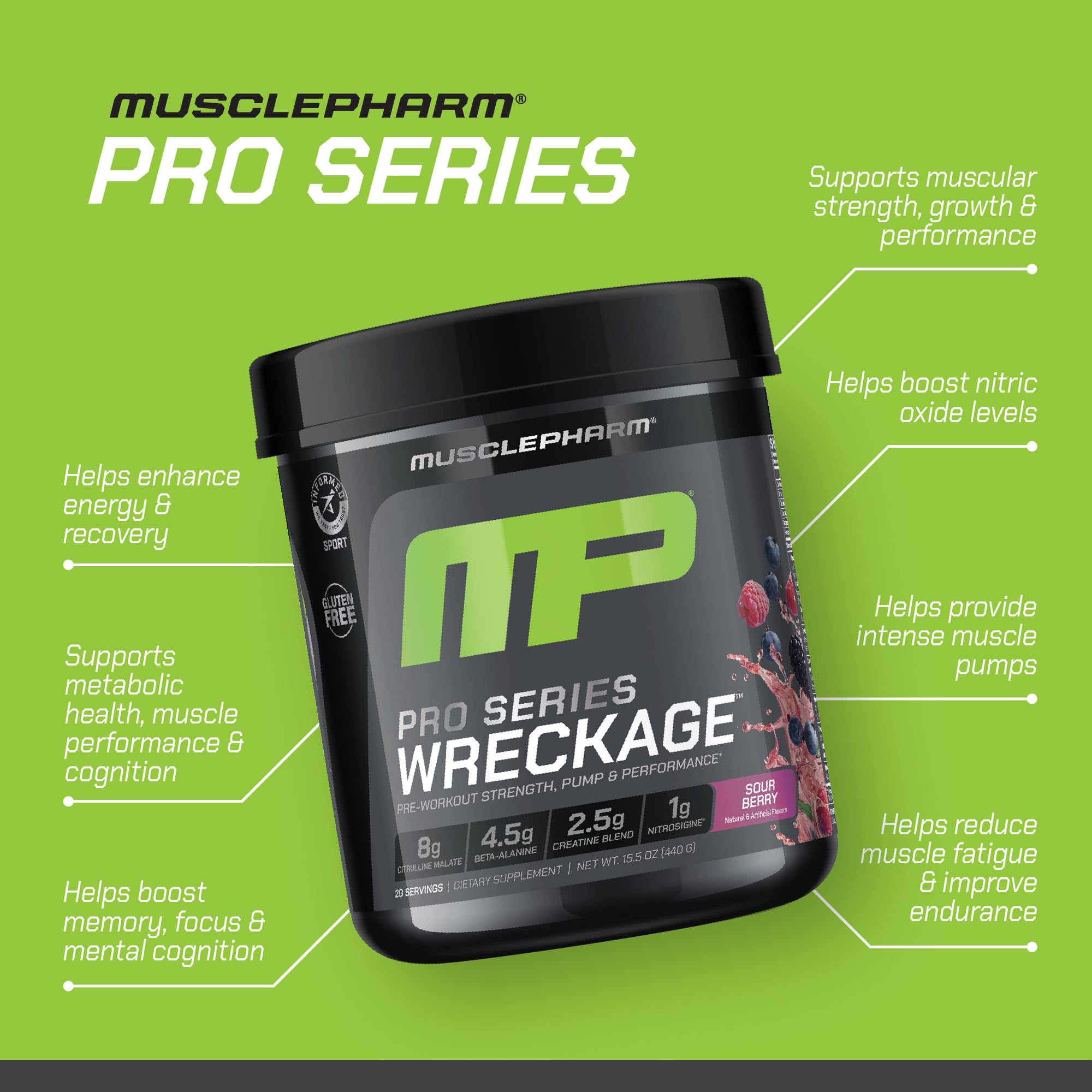 Muscle Pharm Pro Series Wreckage Pre Workout Powder | Professional Grade 8-in-1 Blend for Strength, Pump, Focus & Nitric Oxide Performance | Sour Berry, 15.5 oz, 20 Servings