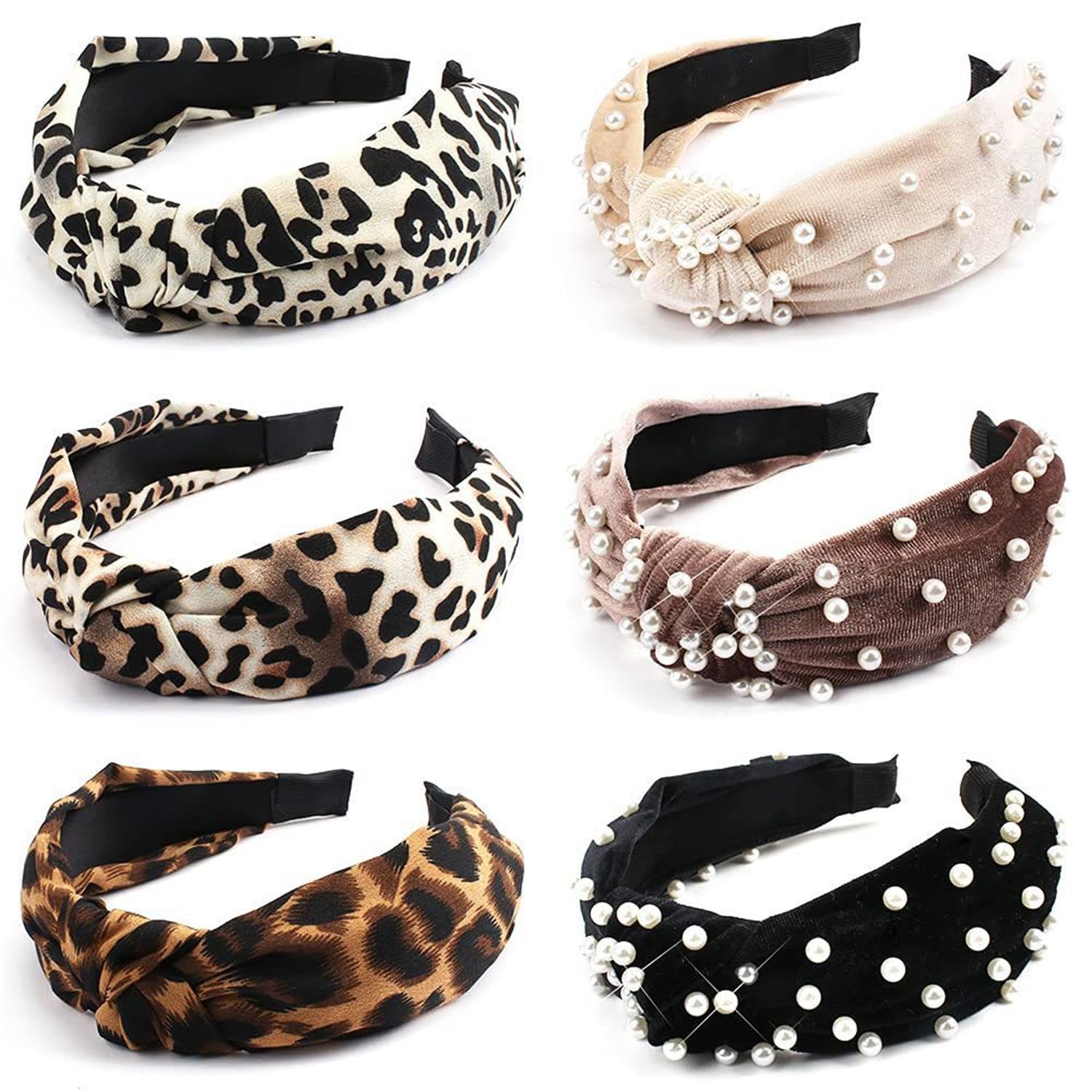 Headbands for Women Pearl Leopard Knotted Elastic Hair Bands Twisted Headwrap Ear Wide Hoops Accessories for Girls Adult Women Cute Knot Head Band 6 Packs (B, One Size)