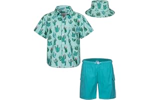 MOHEZ Boys Hawaiian Shirt and Short Set Summer Outfit Kids 2 Piece Clothes Set With Bucket Hat