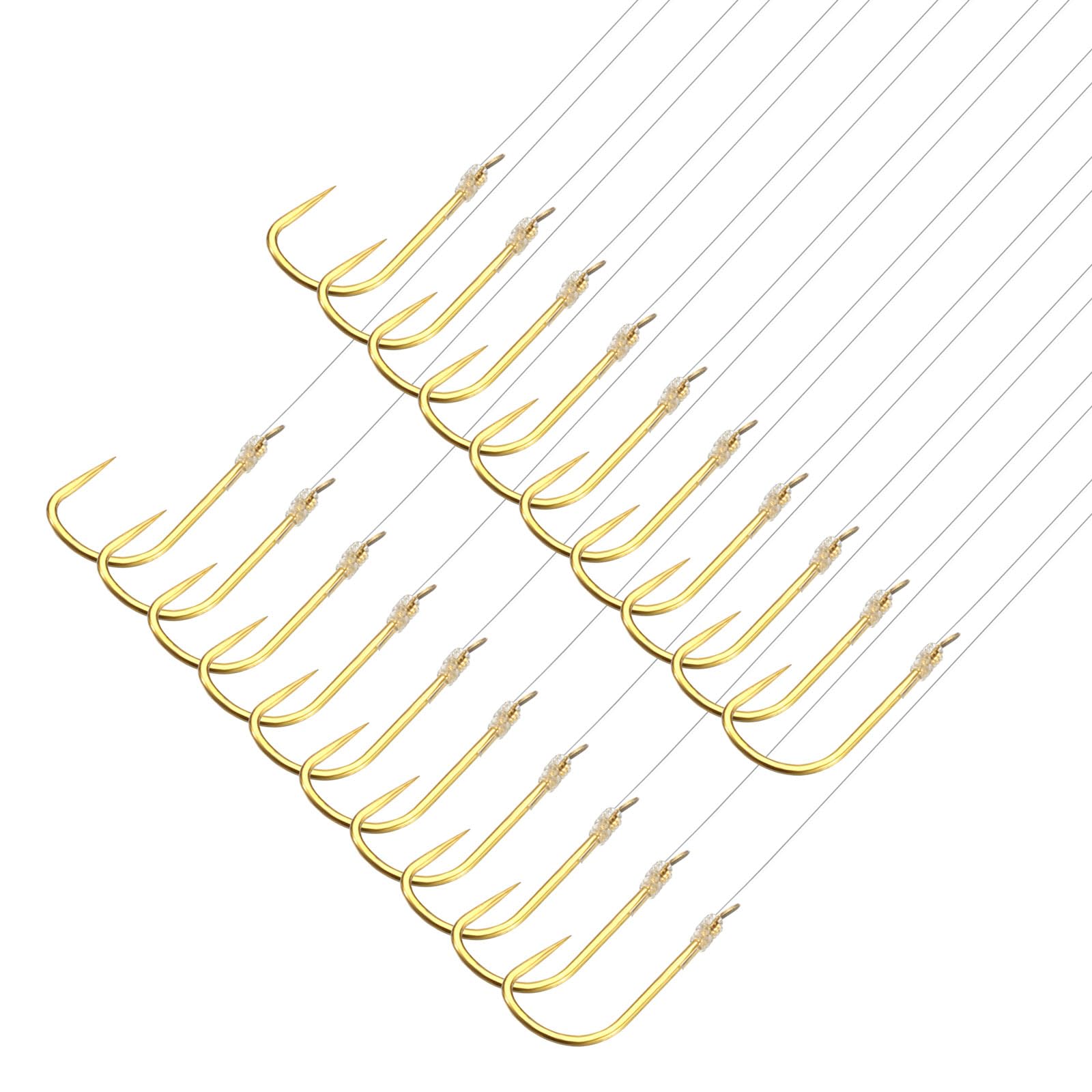 PATIKIL 6# Small Fishing Hooks with 45cm Line, 20Pcs 0.46x0.22 Inch Double Hook Rigs Fishing Hook on Nylon Line for Freshwater, Gold Tone