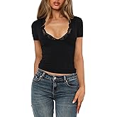 Women's Short Sleeve Sexy Lace Trim V-Neck Slim Fit Daily Basic Black Tees Spring Summer Going Out Casual Vacation Crop Tops Trendy Y2K Clothing (8638, L, Black)