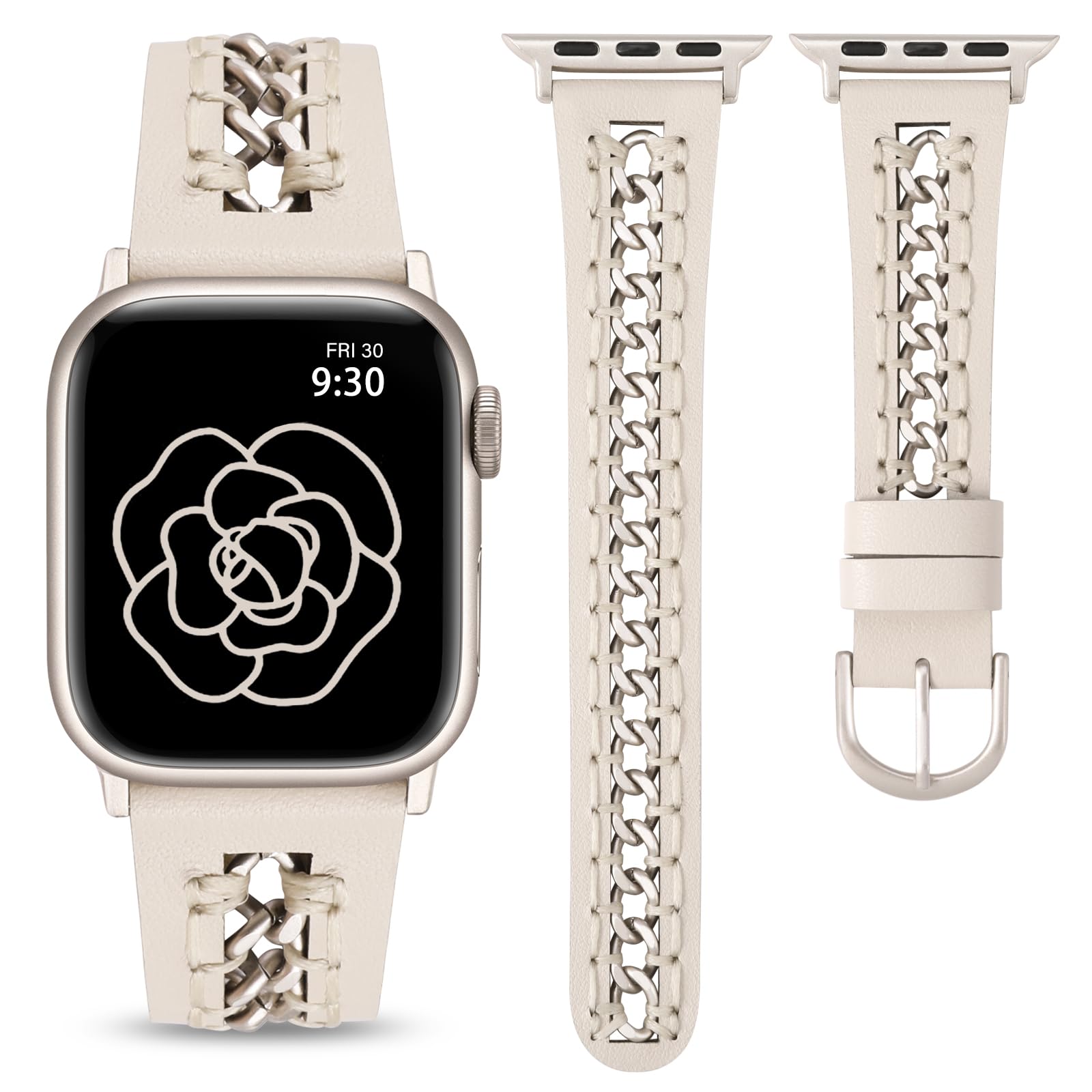 Photo 1 of Minyee Leather Band Compatible with Apple Watch Bands 38/40/41/42/44/45/49mm Women,Dressy Designer Premium Leather Strap with Stainless Steel Metal Hollow-out Chain Bracelet for iWatch Ultra 2 Series