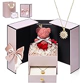 TRZUMZZ Birthday Gifts for Women Preserved Rose with Necklace Moss Bear Eternal Roses Birthday Gifts for Girlfriend Mom Wife Grandma Anniversary Valentines Day Romantic-Red Eternal Flowers