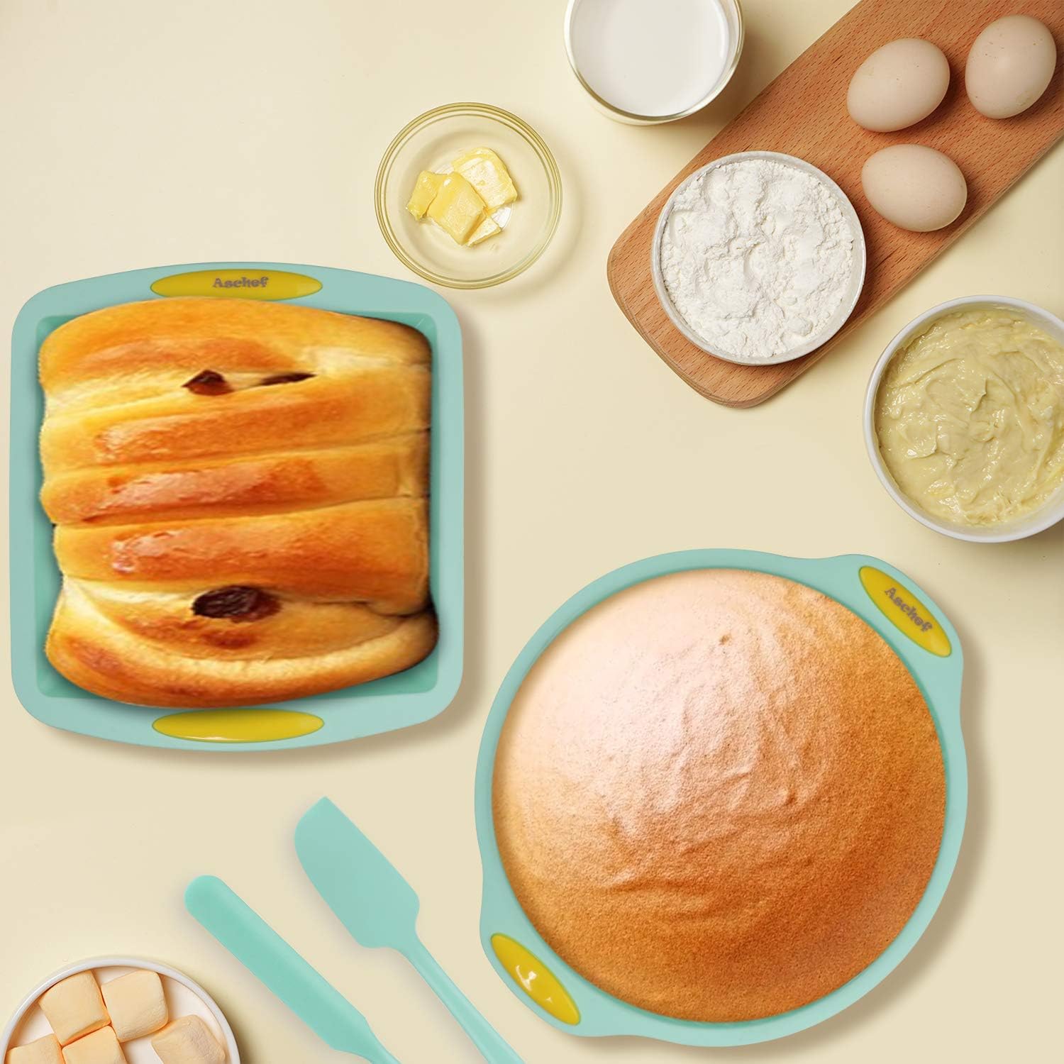 15in1 Silicone Nonstick Baking Pans Mold Tray Supplies Tools Bakeware Set, BPA Free Food Grade for Muffin Donuts Pizza Tiramisu Cake Pan Cookie Sheets Cookware Set with Yellow Hanlde Grip for Oven: Kitchen & Dining