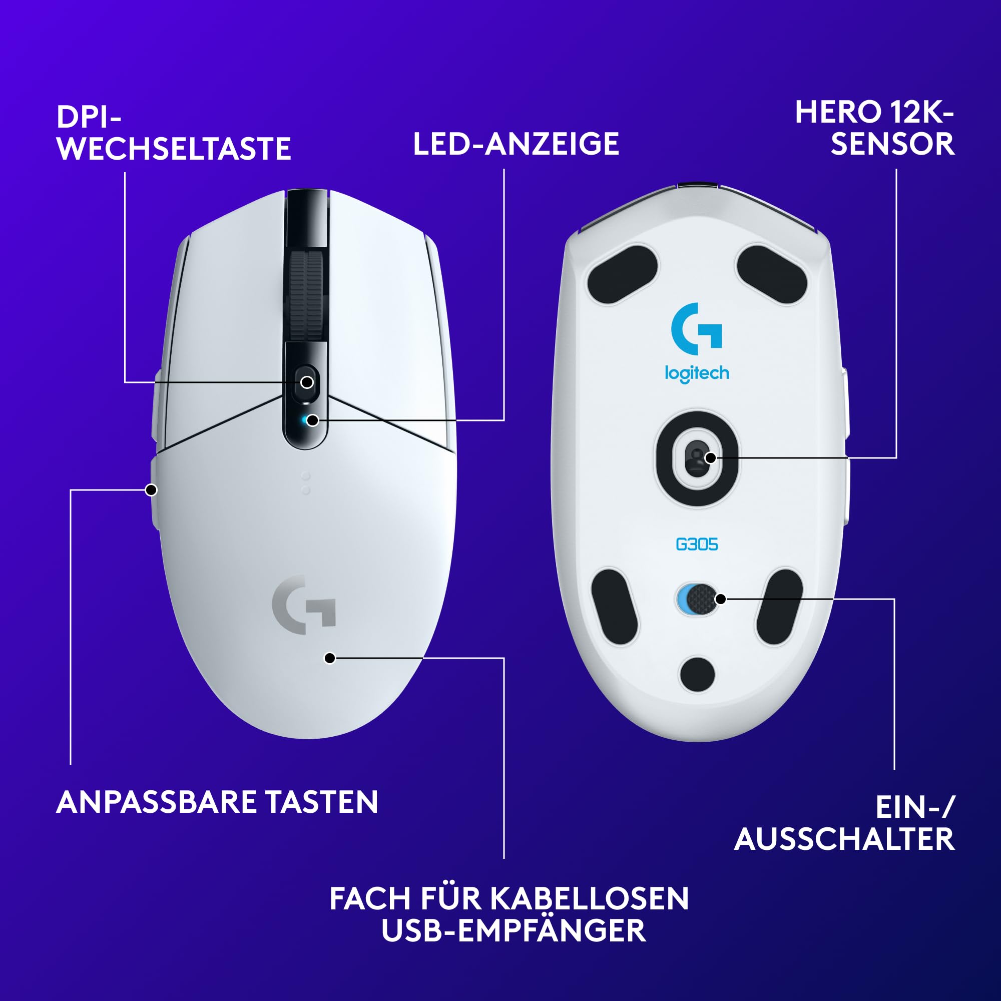Logitech G G305 LIGHTSPEED kabellose Gaming-Maus mit HERO 12K DPI Sensor 7