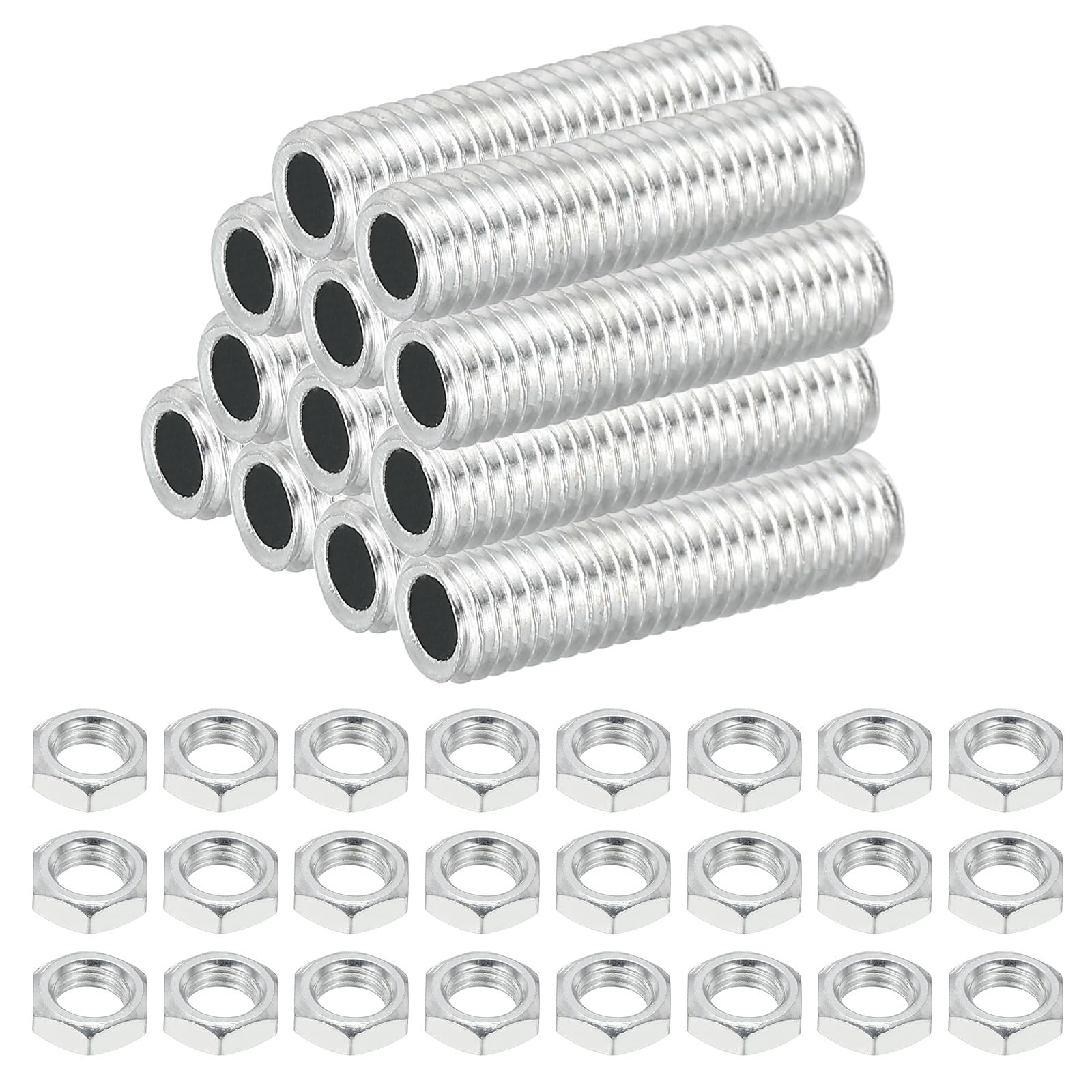 PATIKIL M8 Fine Thread Carbon Steel Lamp Pipe With Nut, 12 Set 30mm/1.18" Hollow Tube Thread Adapter Fasteners Hardware for Lamp Lights Chandelier Ceiling Light DIY, White Zinc Plating