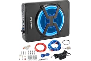 WonVon 10" 800W Slim Underseat Subwoofer with Amplifier Blue LED Ambient-Light for Car Truck Active Subwoofer, Enclosure Made of Cast Active Aluminum
