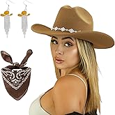 JIANGLAI Western Cowgirl Hat for Women Men, Fedora Wide Brim Rhinestone Cowboy Hat with Bandana and Cowgirl Tassels Earrings