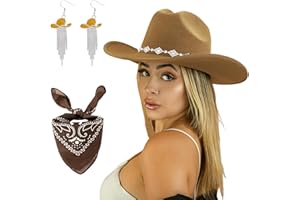 JIANGLAI Western Cowgirl Hat for Women Men, Fedora Wide Brim Rhinestone Cowboy Hat with Bandana and Cowgirl Tassels Earrings