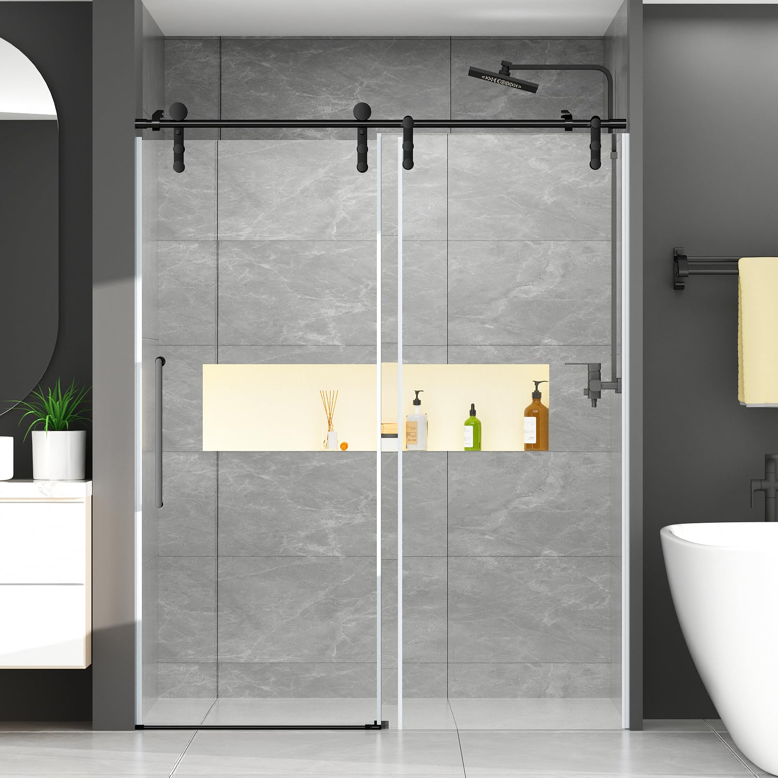 Photo 1 of Chabatree Shower Door 60" W x 76" H Frameless Sliding Shower Door,Frameless Shower Door with Sealing Strip and Waterproof Handle,5/16"(8mm) Clear Tempered Glass,Stainless Steel Hardware,Black