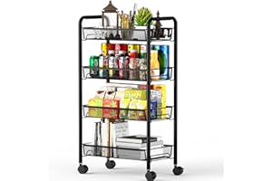 Ovicar 4 Tier Mesh Wire Rolling Cart, Kitchen Storage Organizer Utility Cart, Full Metal Basket Storage Art Trolley Carts with Wheels & 4 Side Hooks