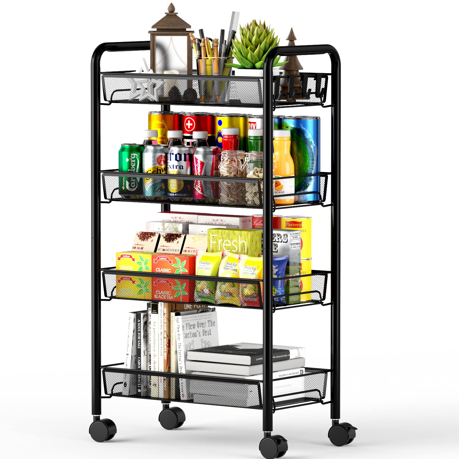Photo 1 of OVICAR 4 Tier Mesh Wire Rolling Cart, Kitchen Storage Organizer Utility Cart, Full Metal Basket Storage Art Trolley Carts with Wheels & 4 Side Hooks
