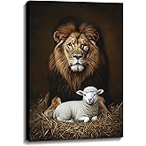 Lion and Lamb Canvas Wall Art Christian Wall Decor Religious Jesus Christ Spiritual Painting Prints Animal Picture for Living Room Home Office Decor Framed(Art-1,12.00x18.00 inch)