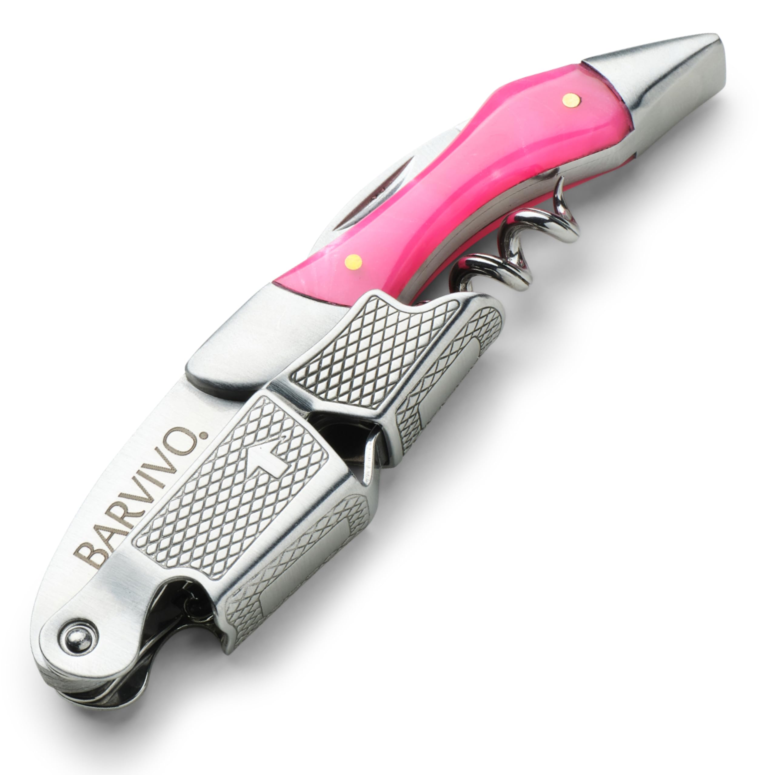 Professional Waiters Corkscrew by Barvivo - This Wine Opener is Used to Open Beer and Wine Bottles by Waiters, Sommelier and Bartenders Around The World. Made of Stainless Steel and Pink Resin.