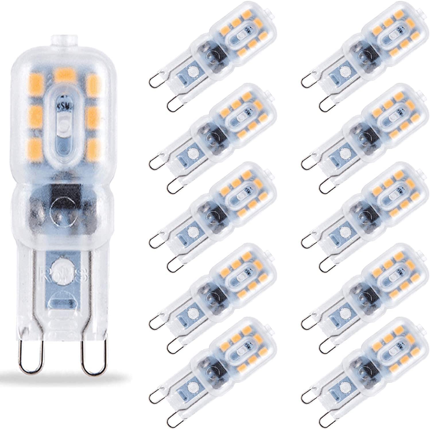 Guezuvoru G9 LED Bulb,2W to 20W,3200K Warm White,230 Lumens,360° Beam Angle with Transparent Lens,AC220-240V Htmart LED Light Bulb,Non Dimmable,Pack of 10