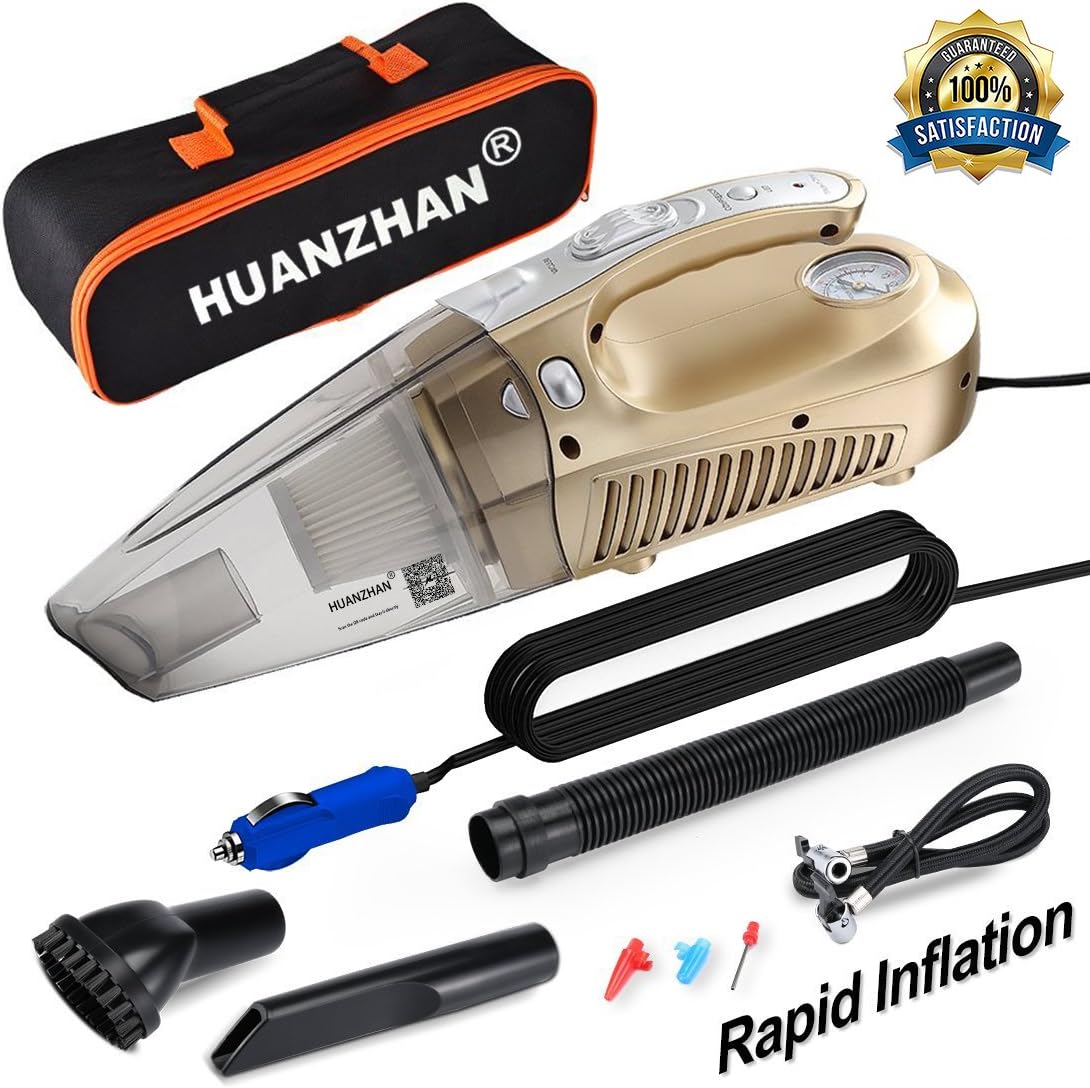 HUANZHAN Car Vacuum Cleaner, H-Zonealph Portable Handheld High Power 5000 Pa Wet/Dry Auto Vacuum Cleaner- DC 12V 106W- 4 in 1 with Tire Inflator, Tire Pressure Gauge, Floodlight — Upgraded(Gold)
