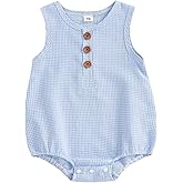 xkwyshop Newborn Baby Boy Girl Summer Outfit Gingham Bubble Romper Sleeveless Button Plaid Print Bodysuit Infant Clothes