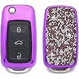 Royalfox 2/3 Buttons 3D Bling flip Folding Remote Key Fob case Cover for VW Volkswagen Mk6 Bora Jetta GTI Passat Golf Tiguan Touareg Beetle Skoda (Purple case only)