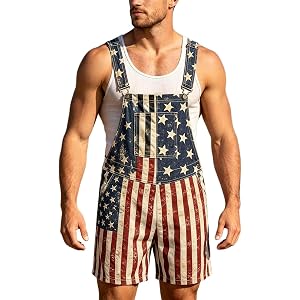 American Flag Overalls Shorts Men Women 4th of July USA Patriotic Red White and Blue Bib Coveralls Work Romper Jumpsuit