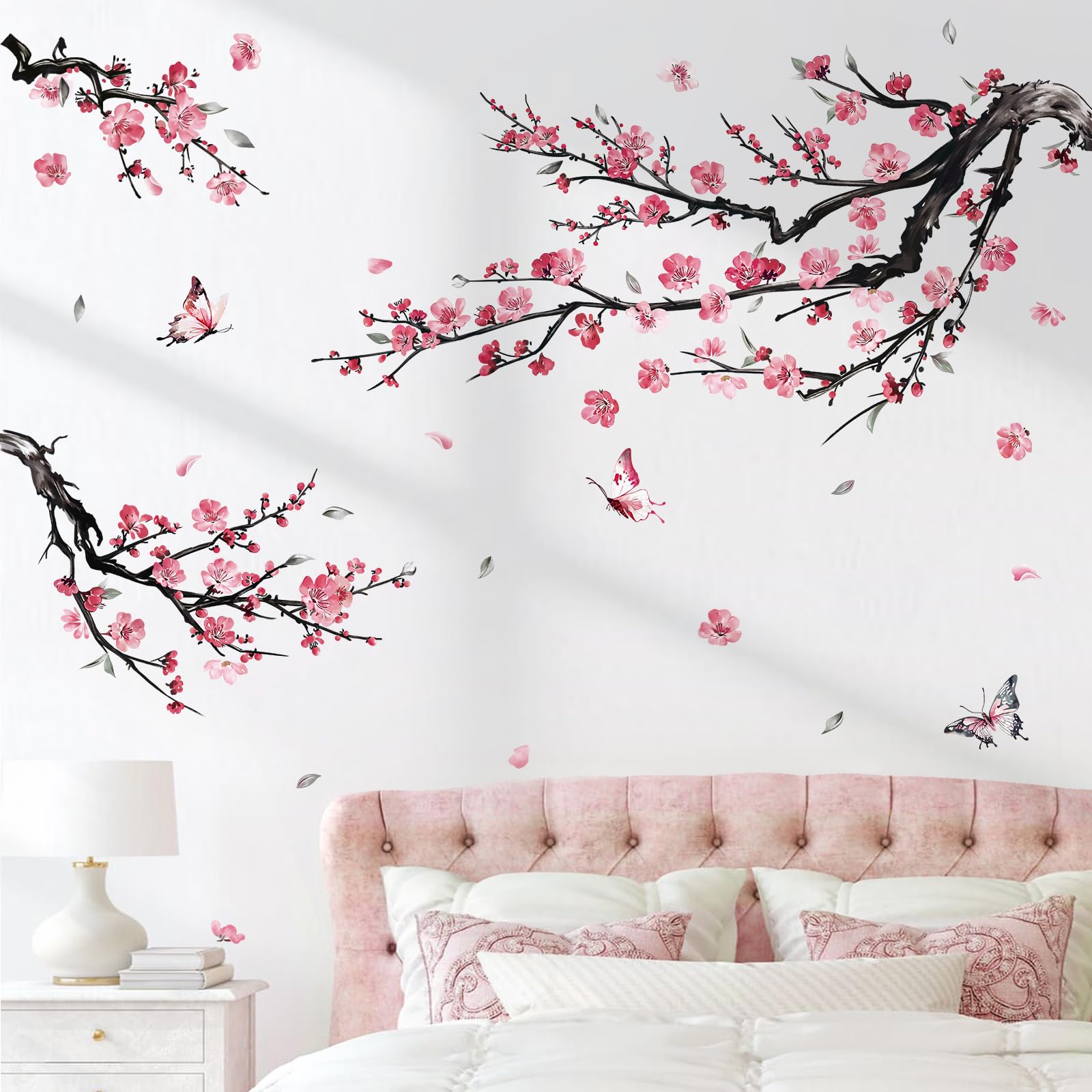 Photo 1 of decalmile Watercolor Pink Flower Branch Wall Decals Blossom Tree Branches Floral Wall Stickers Living Room Bedroom Sofa TV Background Wall Decor