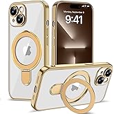 Amzfield Magnetic for iPhone 15 Plus Case with Stand [Compatible with MagSafe] [Full Camera Protection] Cute Slim Clear Phone Case for iPhone 15 Plus Case, Clear Gold