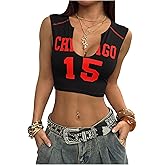 SHENHE Women's Letter Graphic Crop Tank Top Sleeveless Notched Neck Casual Summer Jersey Shirt