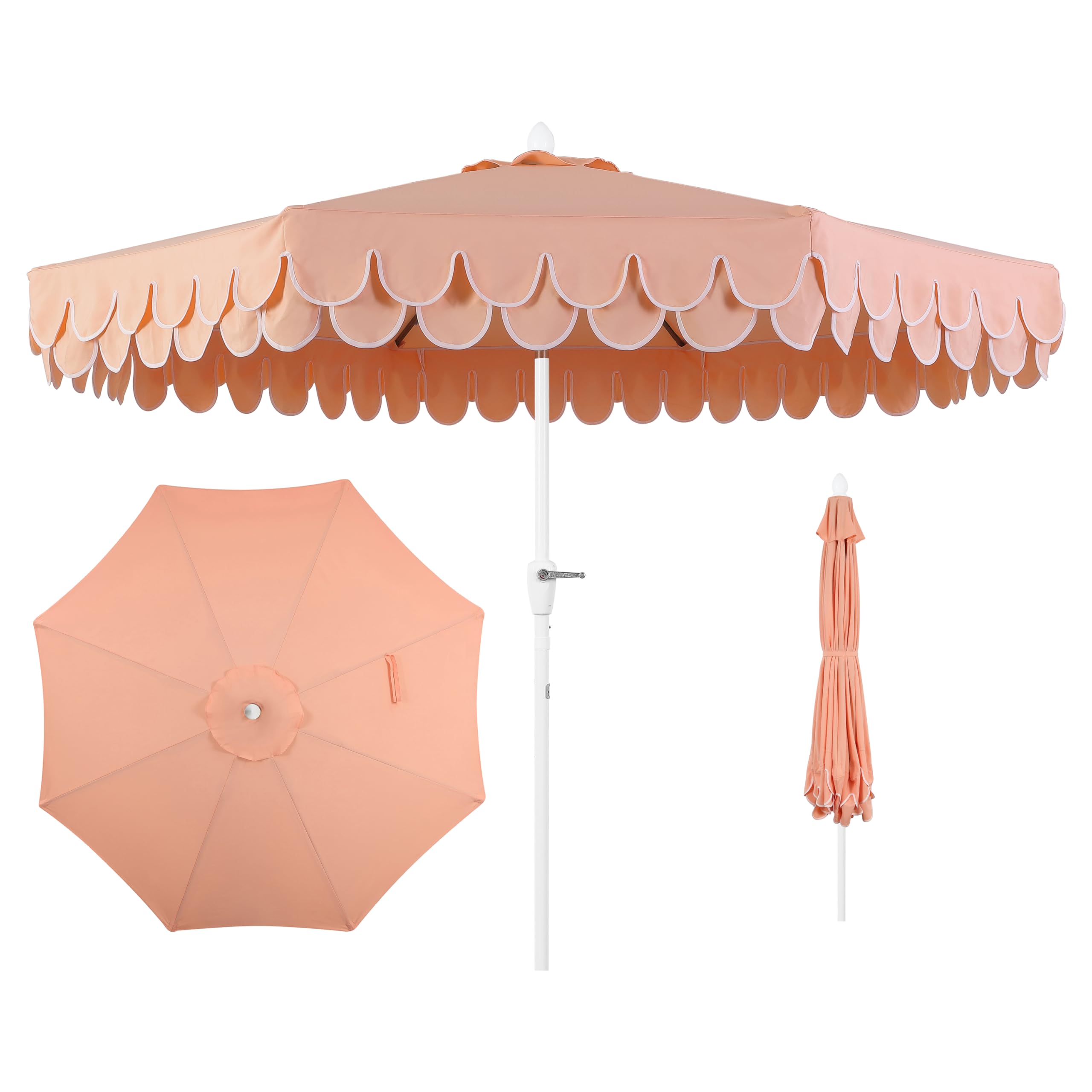 Photo 1 of **MISSING BASE** JONATHAN Y UMB1002H Tracy 9 ft. Classic MidCentury Scalloped Fringe Market Patio Umbrella with Auto-Tilt Crank, Wind Vent and UV Protection in Coral Pink/White, White Pole