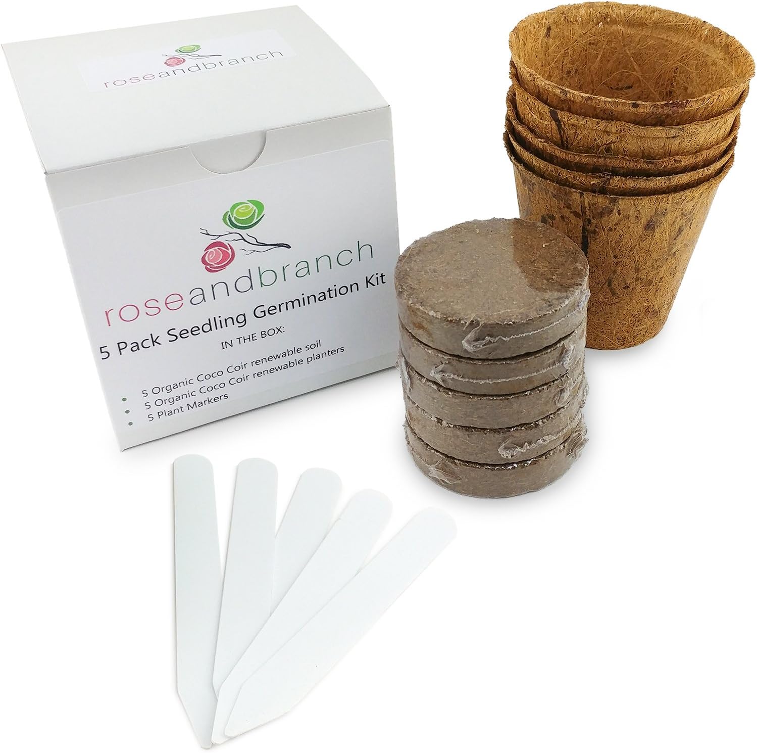 Organic - Seed and Plant Germination Starter kit. Includes Organic Soil, Organic planters and Plant Markers - 5 Pack
