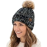 C.C Women’s Popcorn Confetti Knit Beanie Fuzzy Insulated Lined with Faux Fur Pom – Warm Winter Hat & Cozy Skull Cap