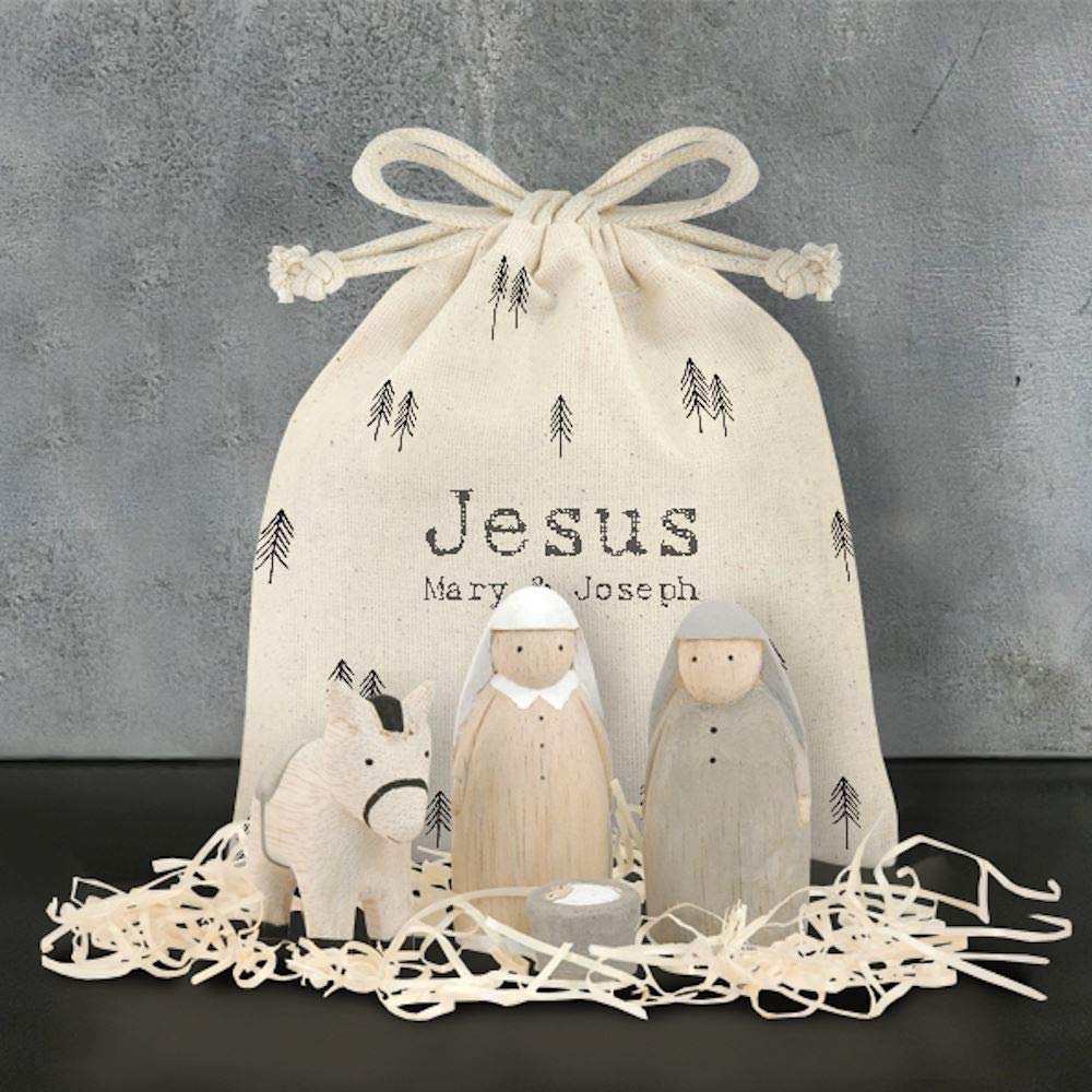 East of India Hand Made Wooden Jesus Bag Set Mary & Joseph Figures Xmas New