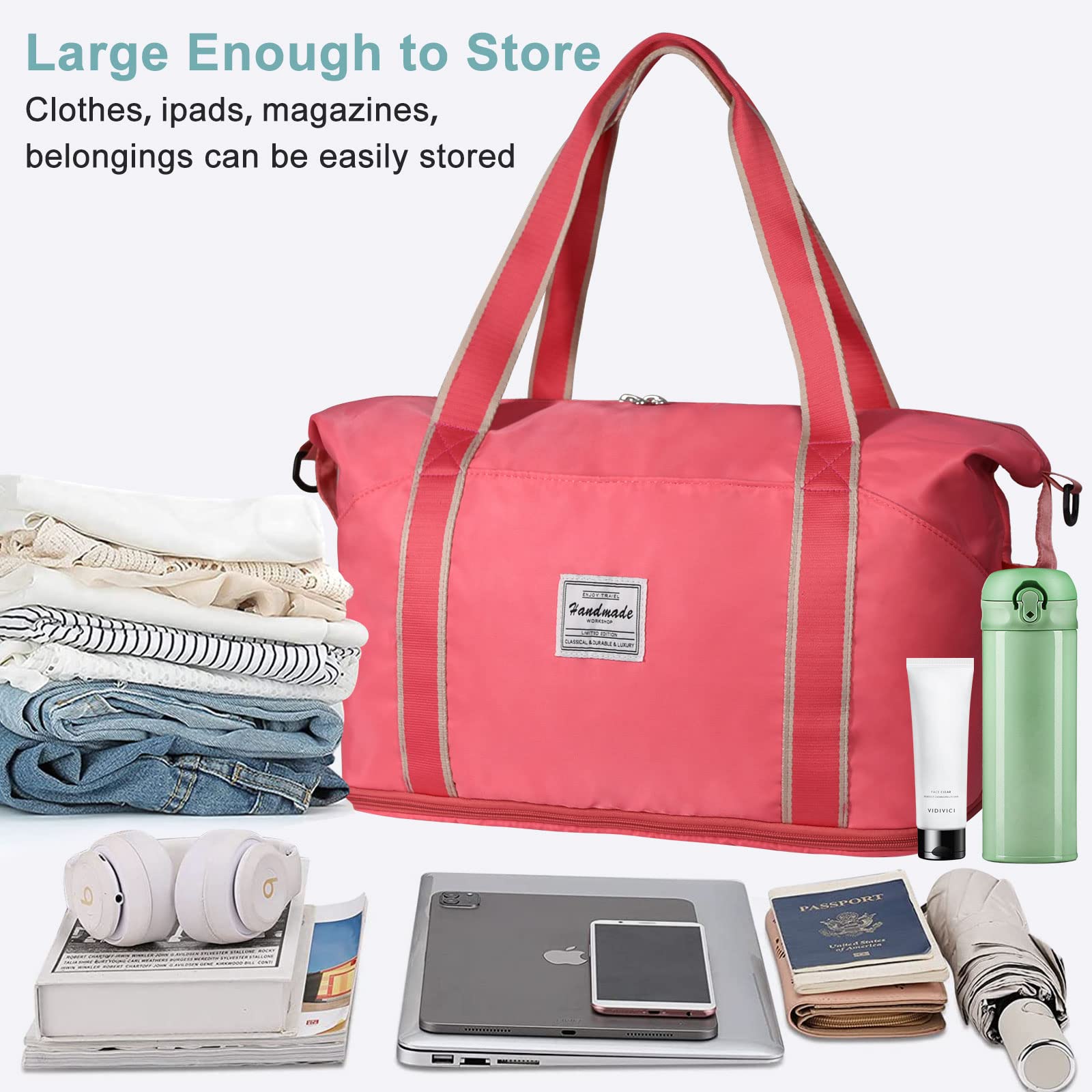 DMLuna Travel Duffel Bag, Tote Sports Gym Bag, Shoulder Overnight Weekender Bag for Women & Men, Hospital bag, Expandable Duffel Bag with Trolley Sleeve/Wet Pocket