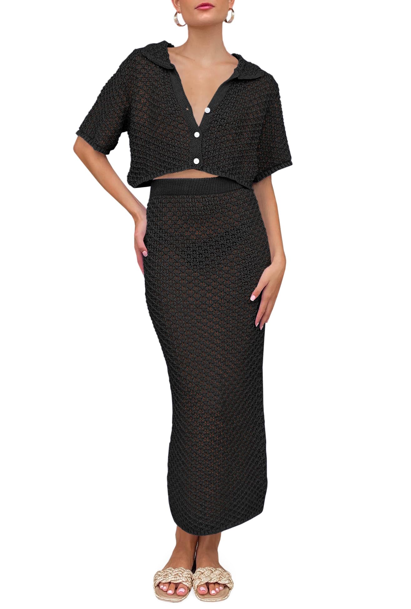Photo 1 of Saodimallsu Women Crochet Beach Cover Up Set Knit Crop Button Short Sleeve Collar Top Bodycon Long Skirt 2 Piece Outfits Black