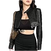OYOANGLE Women's PU Leather Crop Jackets Zip Up Long Sleeve Motorcycle Punk Rock Jacket Outwear