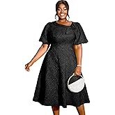 AOMEI Women's Irregular Neck with Flower Short Puff Sleeve High Waist A-Line Jacquard Dress