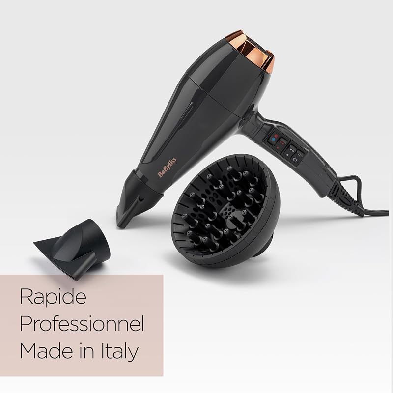 Sèche-cheveux Air Pro avec Diffuseur - Fabriqué en Italie, Moteur Professionnel AC, Sèche-cheveux puissant 2200W, Technologie ionique Anti-Frisottis, 2 températures & 2 vitesses, Noir, 6719DE