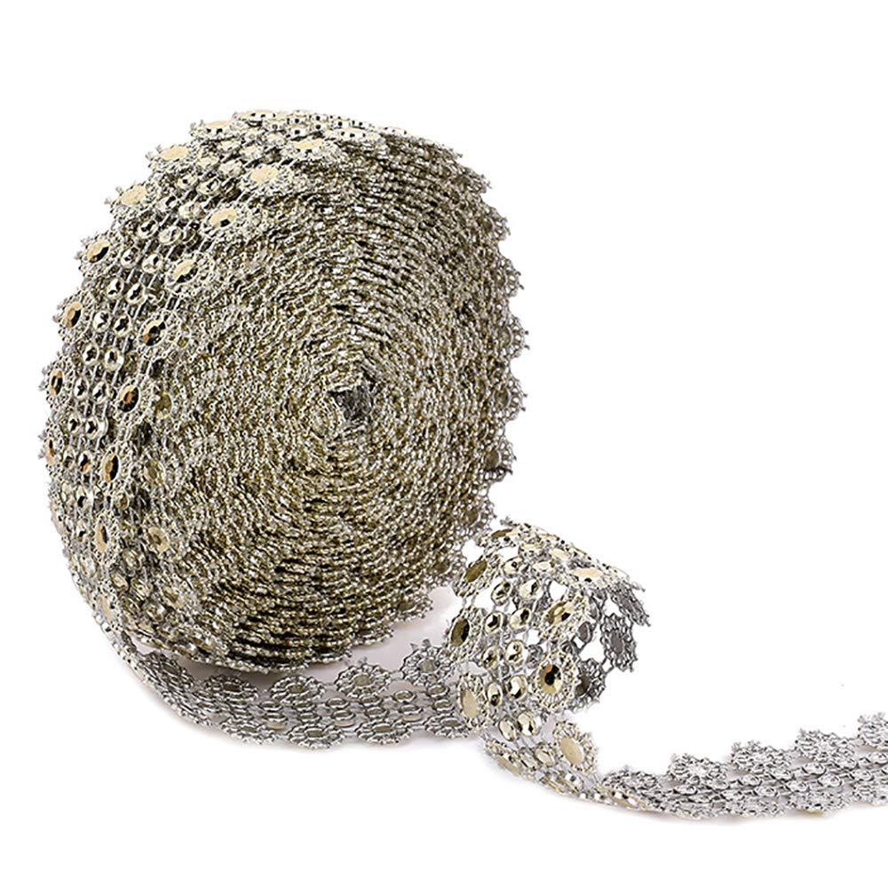 POFET 5 Yards Crystal Flower Rhinestone Chain Mesh Ribbon Trims Sewing Crafts Applique Gold