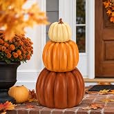 Wesiti 2 Pcs 21.3'' Large Faux Stackable Pumpkins Outdoor for Front Porch | 3-tier Fall Resin Fake Stacked Pumpkins, Rustic Farmhouse, for Autumn Thanksgiving Harvest Halloween Door Yard Decor