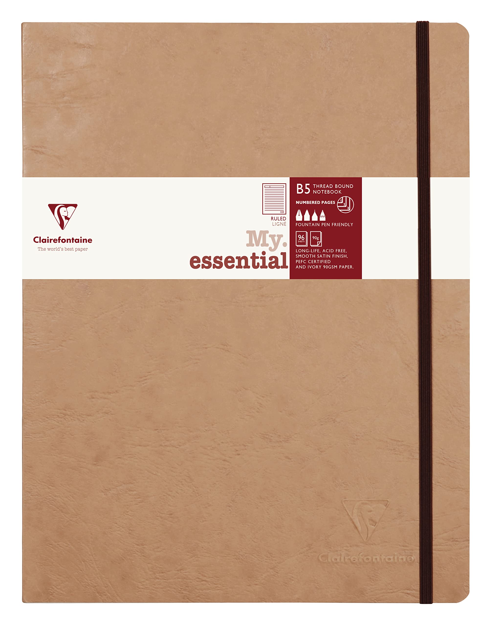 Clairefontaine 79446C Collection Age Bag Stitched Elastic Notebook MyEssential Tobacco - B5 19x25cm - 192 Numbered Lined Pages - 90g Ivory Paper - Leather Cover