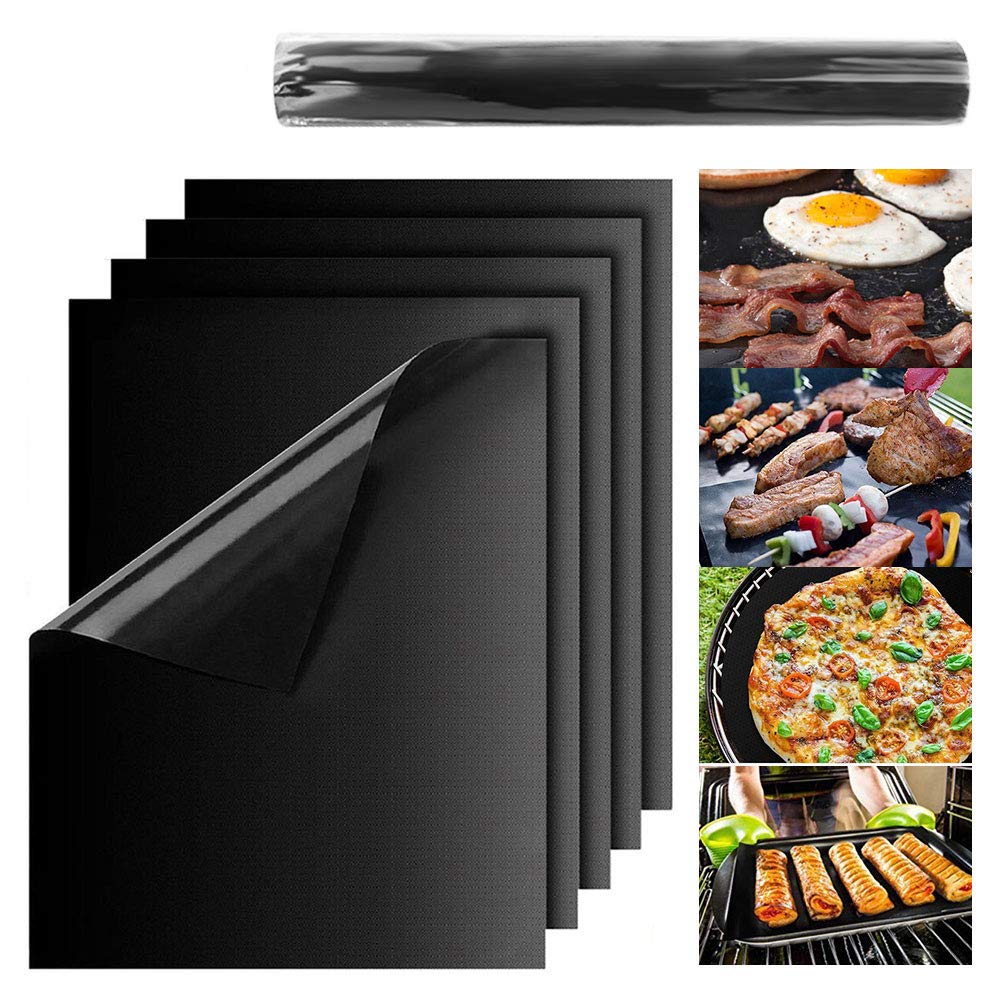 HYCKee Grill Mat Set of 5, Non Stick, Easy to Clean, Heat Resistantand - Grilling Accessories - Works on Gas, Charcoal, Electric Grill and More Black(40cm*33cm)
