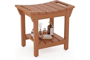 LAHAAP Waterproof Shower Bench, Poly Lumber Shower Stool for Shaving Legs, Shower Chair Seat with Storage Shelf and Handles, Bathroom Bench for Inside Shower, Non-Slip (Brown)