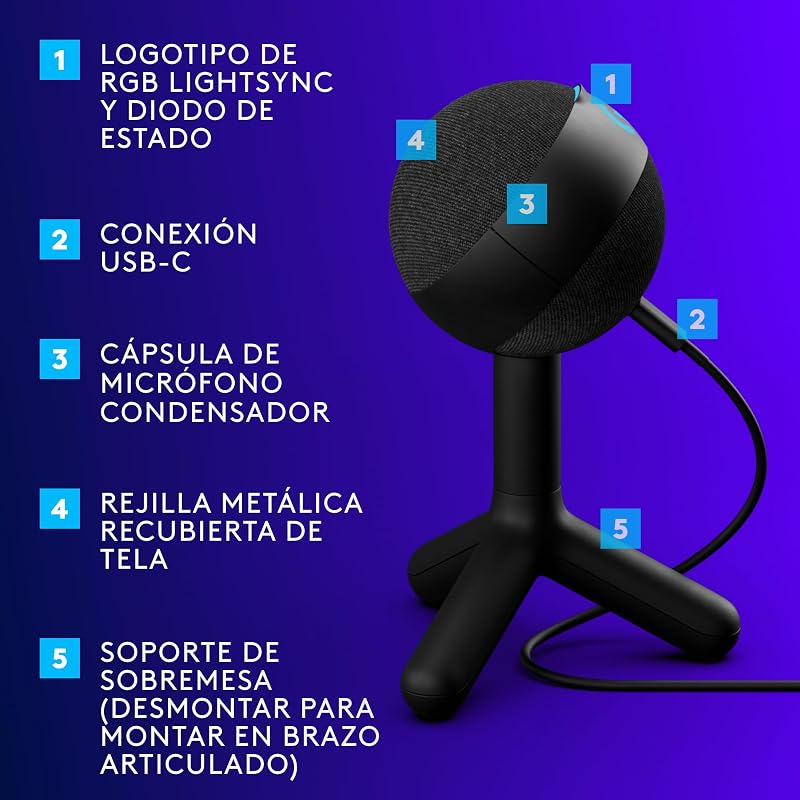 Logitech g yeti orb, microfone condensador rgb com lightsync para jogos, microfone de streaming usb, cardióide, plug and play usb para pc/mac, preto