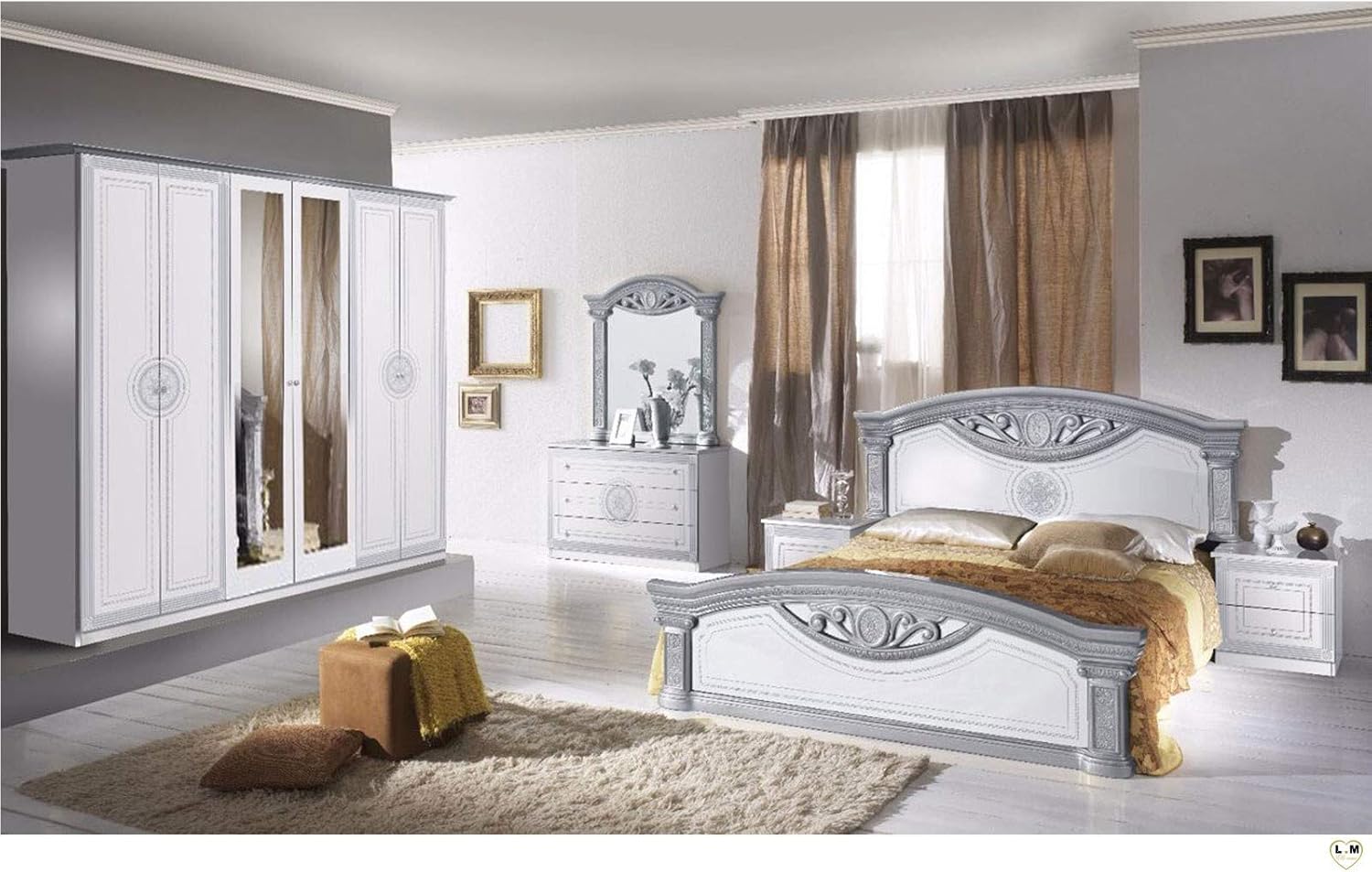 Lingneble Teva Lackiert Weiss Und Silber Schlafzimmer Barock Set Mit Schrank 6 Turen Bett 160 200 2 Nachttische Kommode Spiegel Amazon De Kuche Haushalt