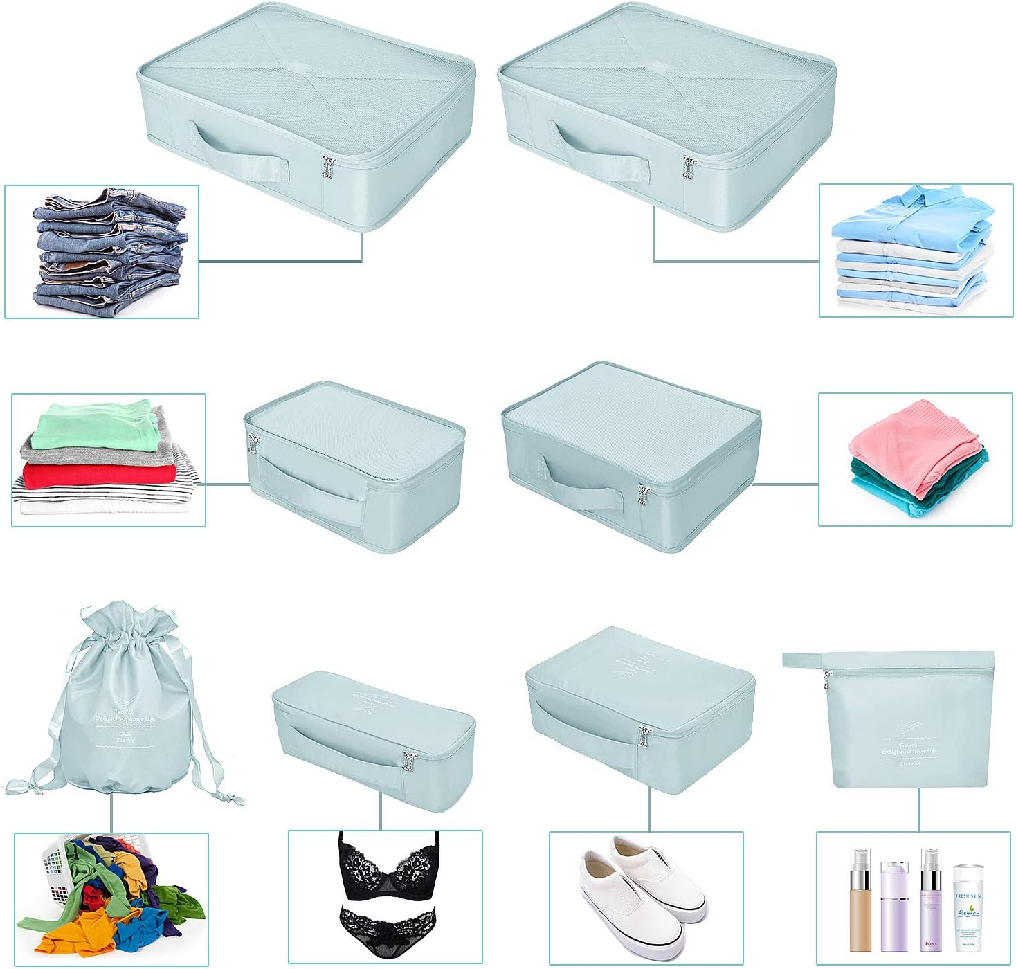BETLLEMORY Packing Cubes 8 Sets Travel Luggage Organizers with Waterproof Shoe Storage Bag Compression Pouches(Blue grey) - Image 4