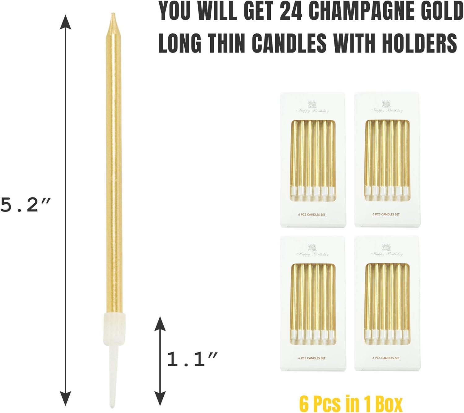 Aplusplanet 24 Count Champagne Gold Birthday Cake Candles, Metallic Long Thin Cake Candle in Holder for Cupcake Wedding, Shower, Party Decorations: Home Improvement