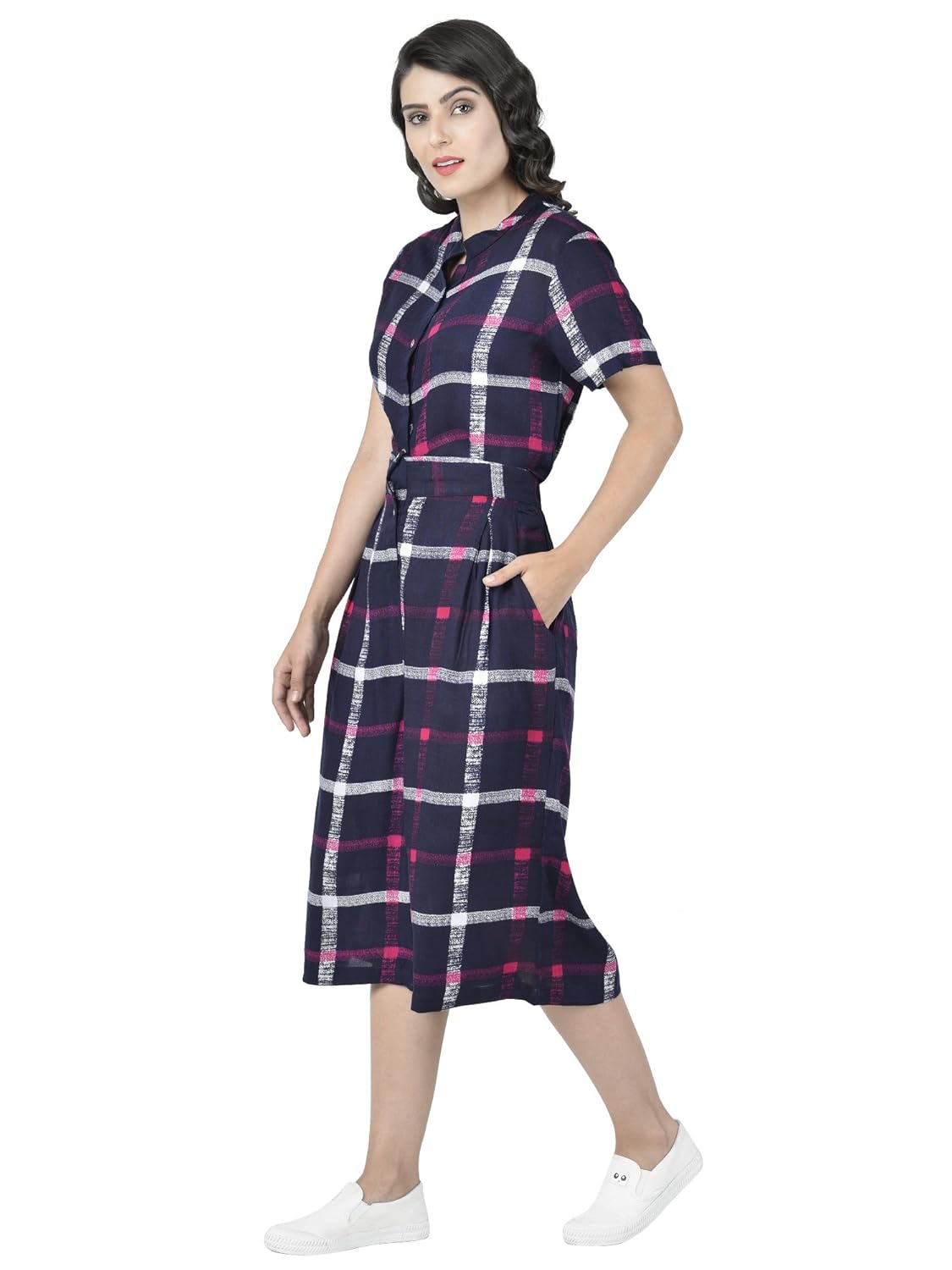 martini women blue pink check calf length jumpsuit