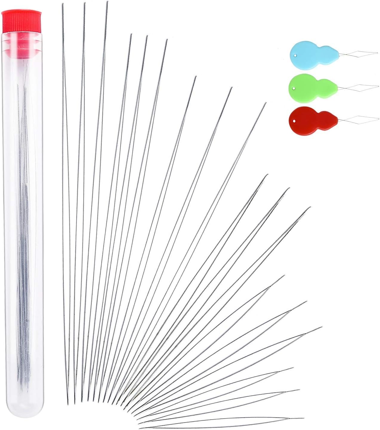 Peirich 18 Pcs Beading Needles with Bottle, Seed Beads Needles Beading Embroidery Needles Big Eye Collapsible Beading Needles with 3 Pcs Bead Needle Threader for Jewelry Making (6 Sizes)