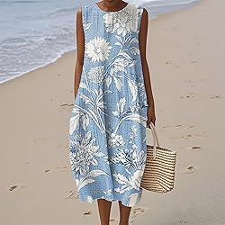 Smocked Dresses Women Summer Fall Cotton Linen Midi